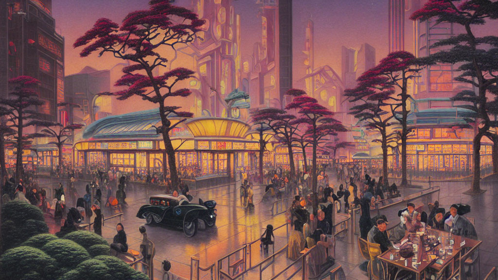 Retro-futuristic cityscape at twilight with glowing lights, vintage cars, and red-leaf