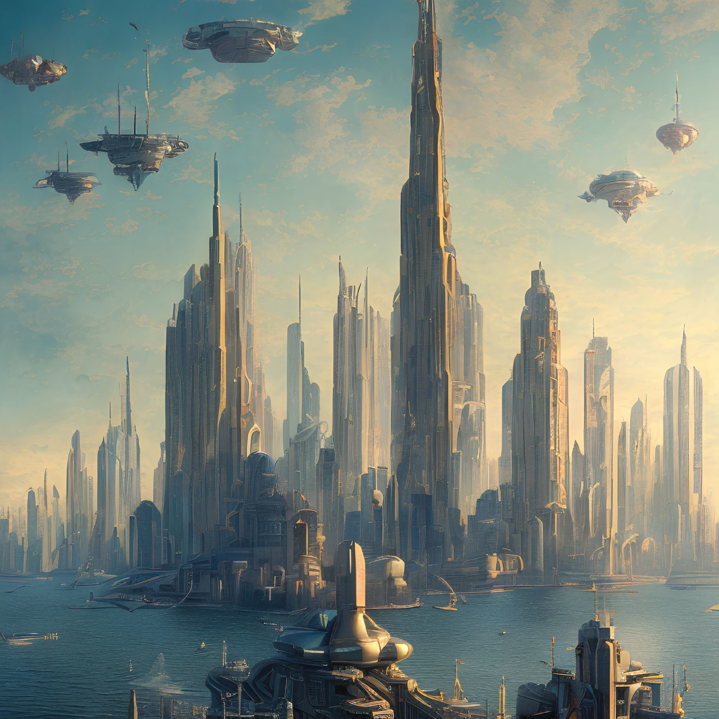 Futuristic cityscape with skyscrapers and flying vehicles under hazy sky