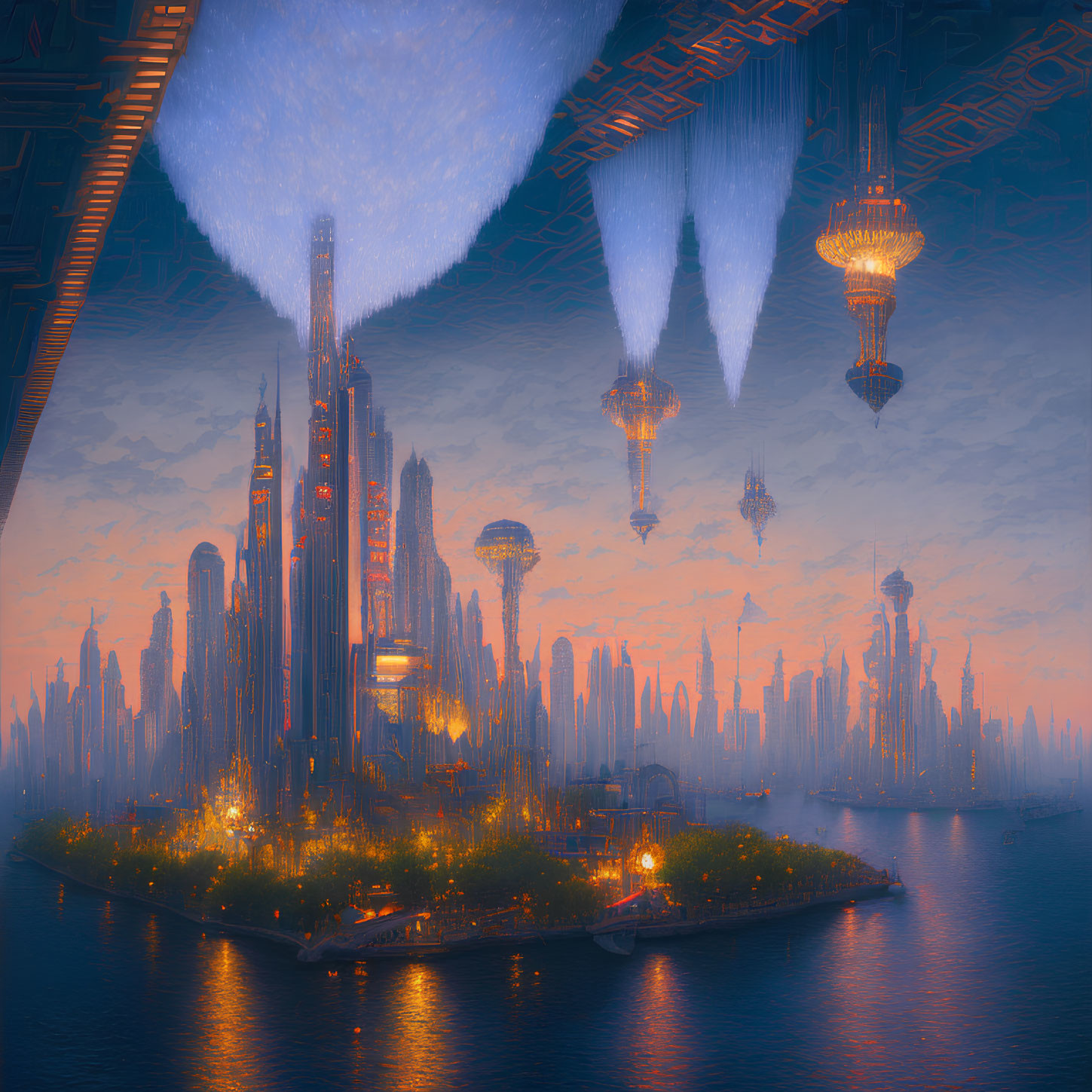 Futuristic cityscape with illuminated towers, floating structures, water surroundings, and central green space.