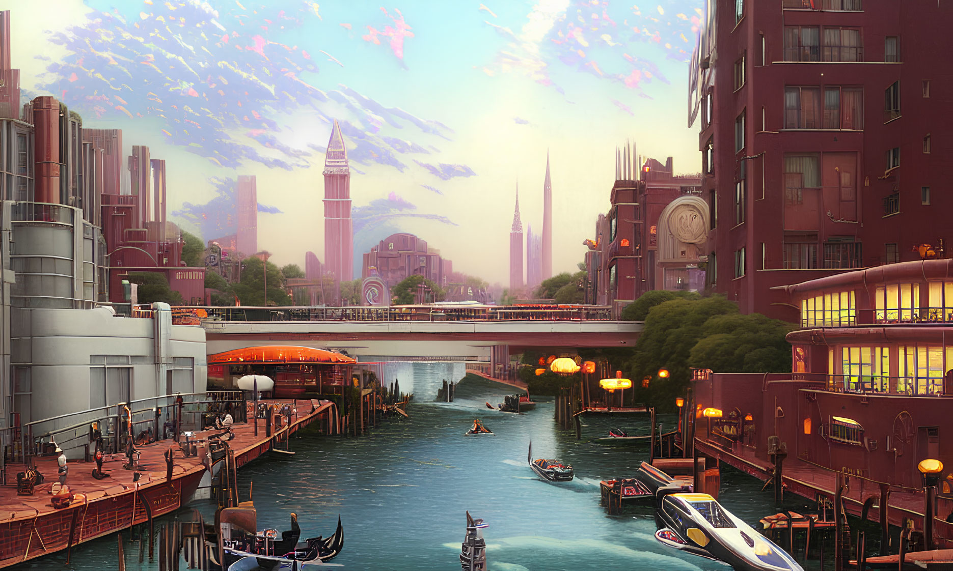 Futuristic cityscape with canal, boats, and waterfront buildings