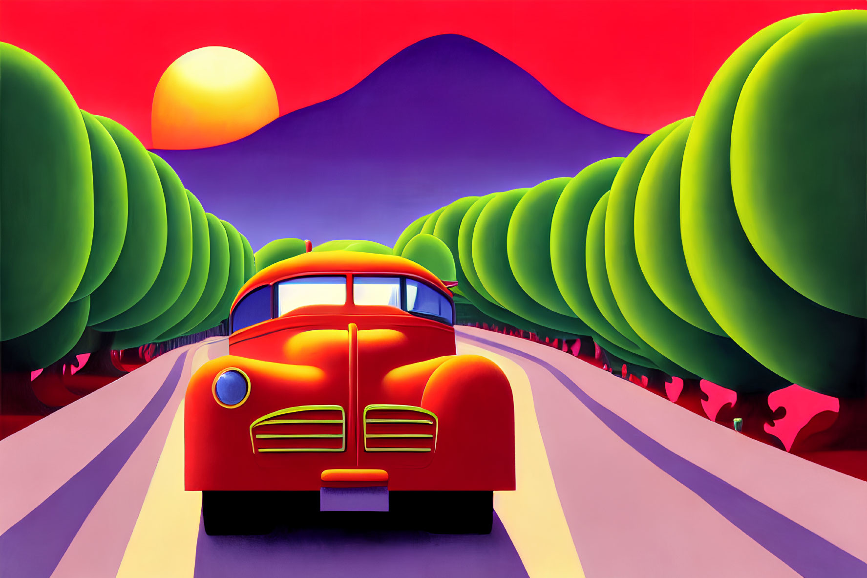 Colorful painting of vintage car on road with sunset mountains & trees