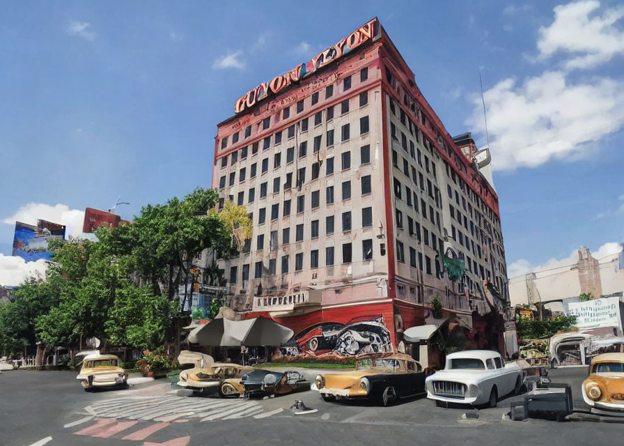 Vintage Intersection Scene with Classic Cars and Pedestrians in Front of Old Building