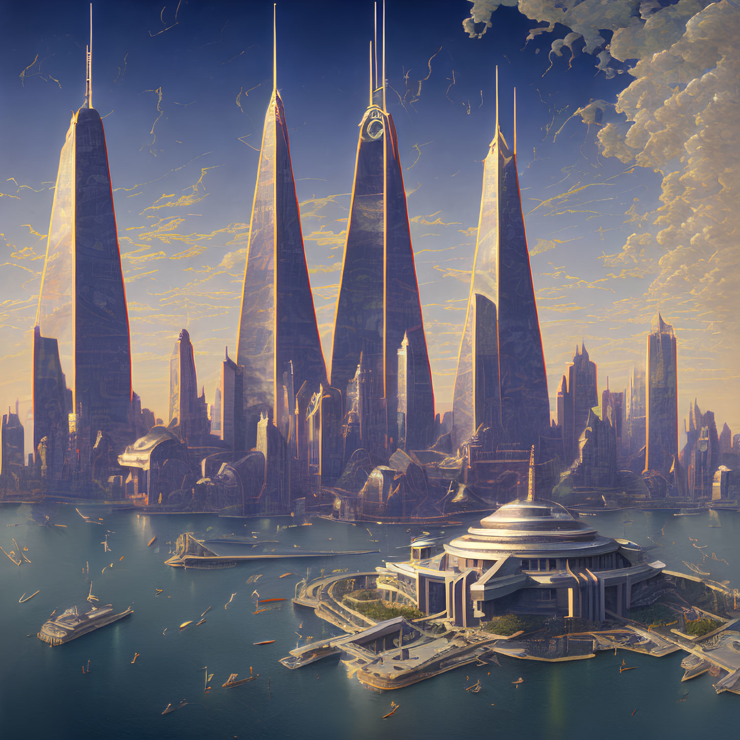 Futuristic cityscape with towering spires and central dome structure