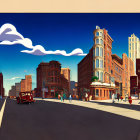 Colorful art deco urban street corner illustration with whimsical clouds