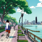 Urban cityscape with green trees, waterfront, pedestrians, street lamps, skyscrapers