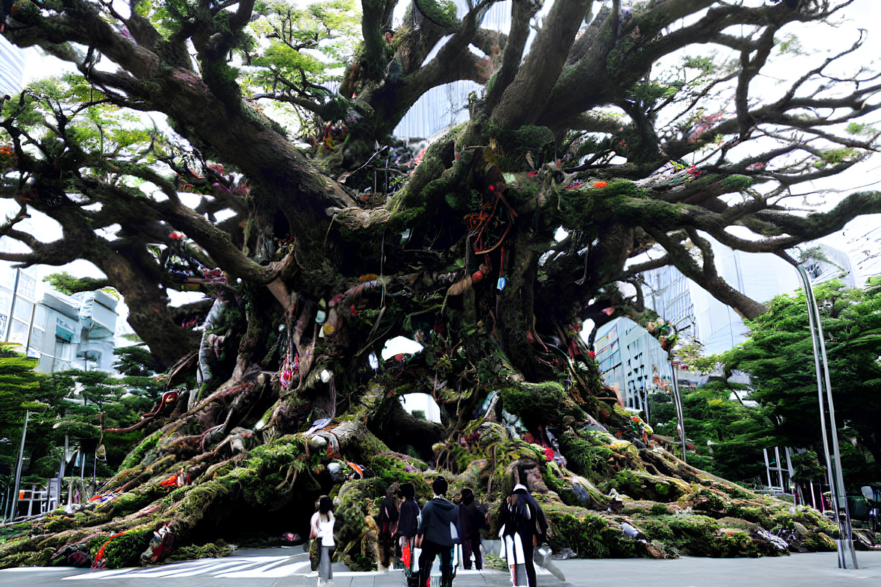 Group of people walking towards massive tree in urban setting