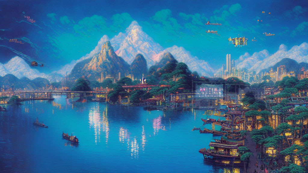 Futuristic cityscape with Asian architecture and mountains by serene river