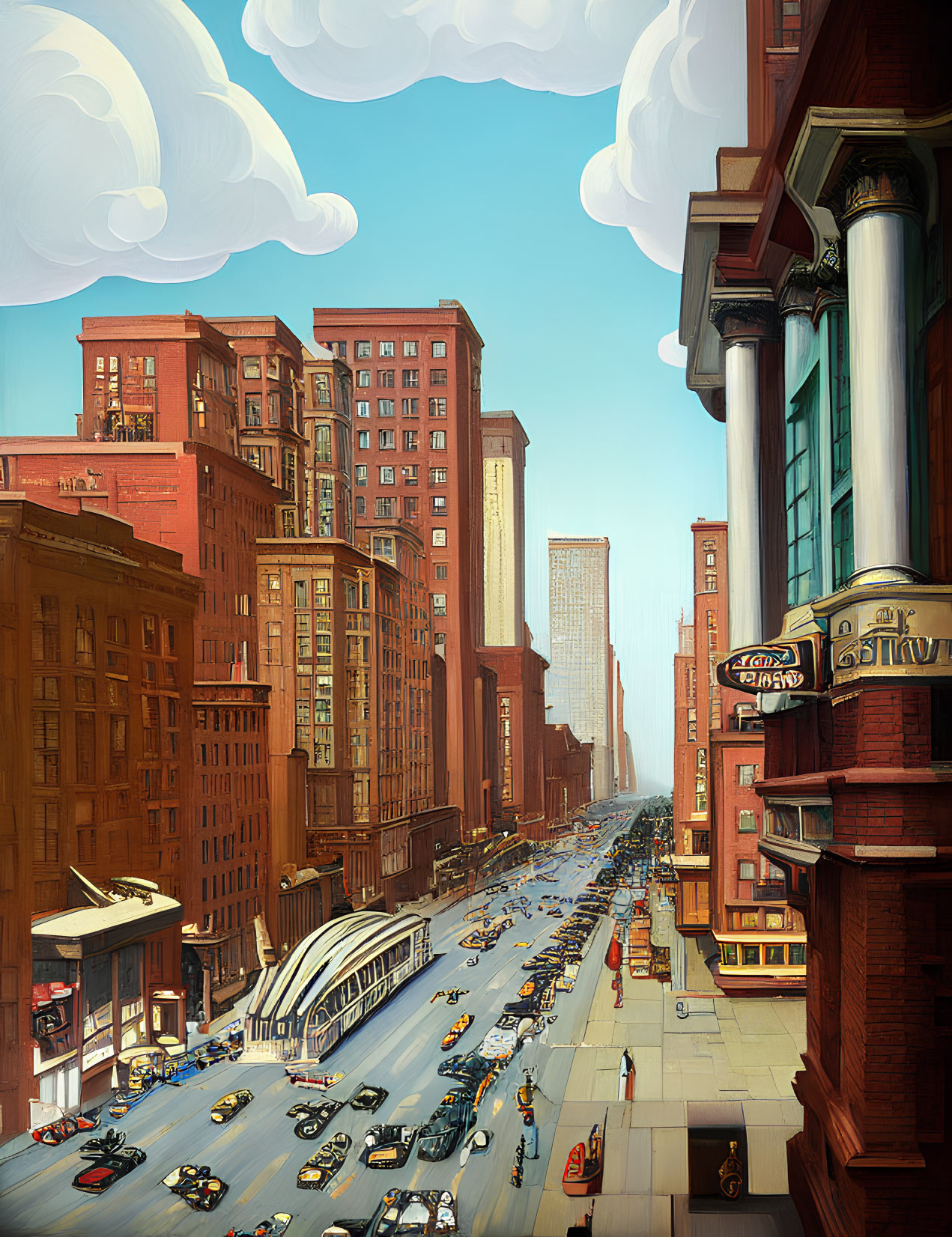 Detailed Illustration of Historic City Street with Cars and Clear Sky