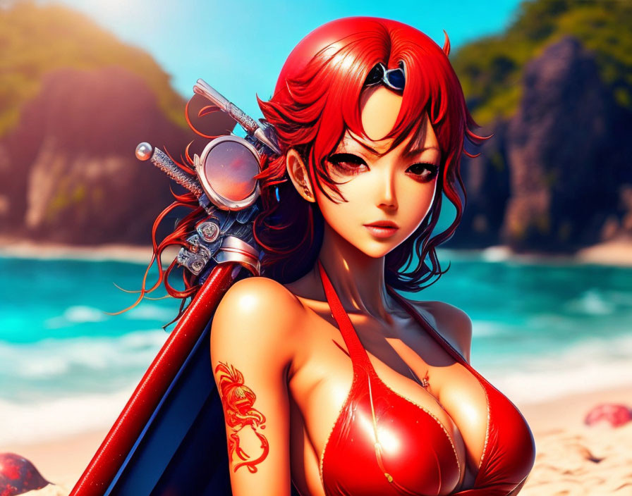 Red-haired female character with arm tattoo holding katana on beach