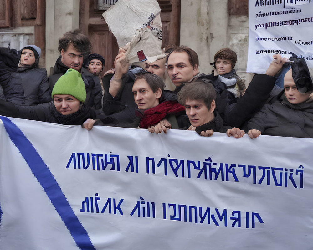 Public demonstration with banner and placards outside building