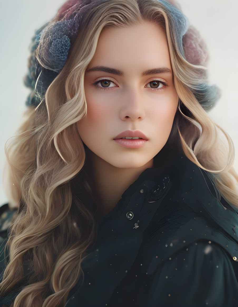 Blonde woman with wavy hair in dark coat and earmuffs