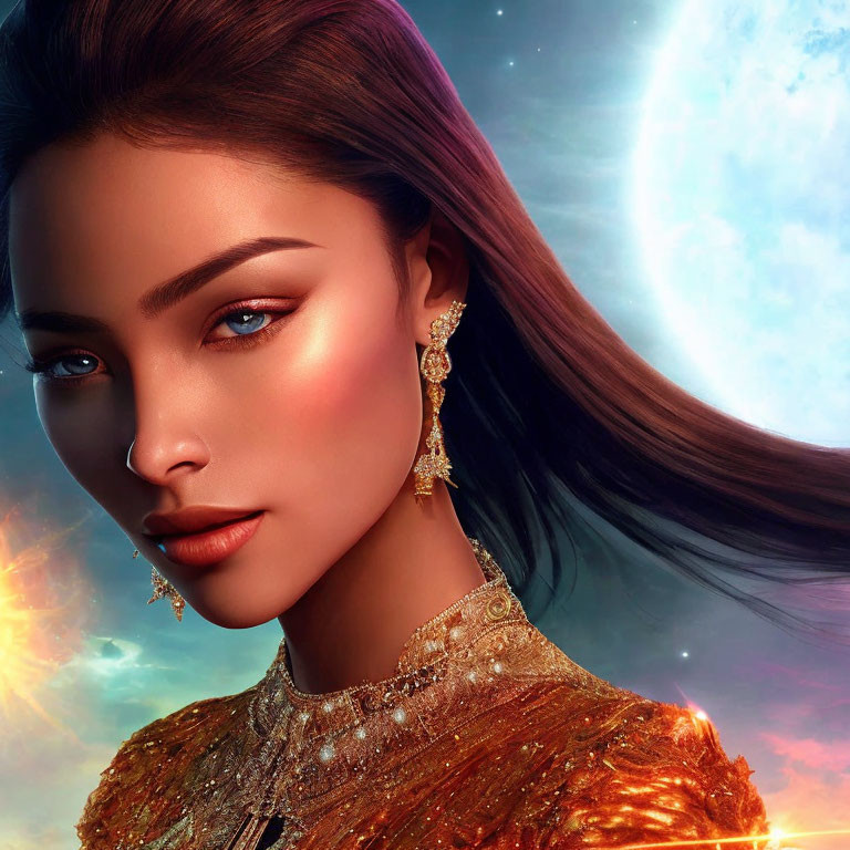 Digital portrait of woman with sleek hair, bold makeup, gold attire, cosmic background