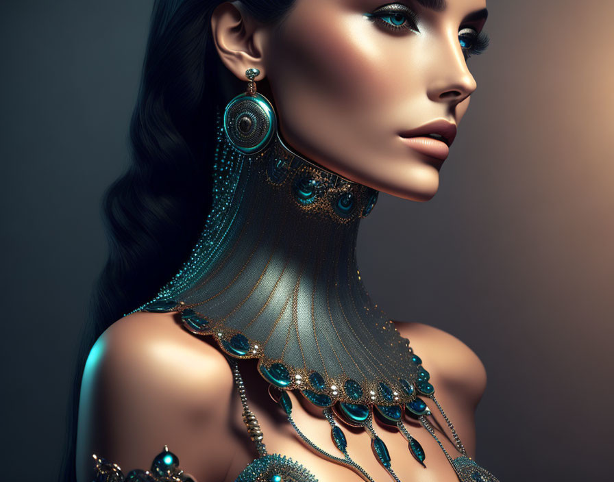 Woman adorned with gold jewelry in side profile against moody background