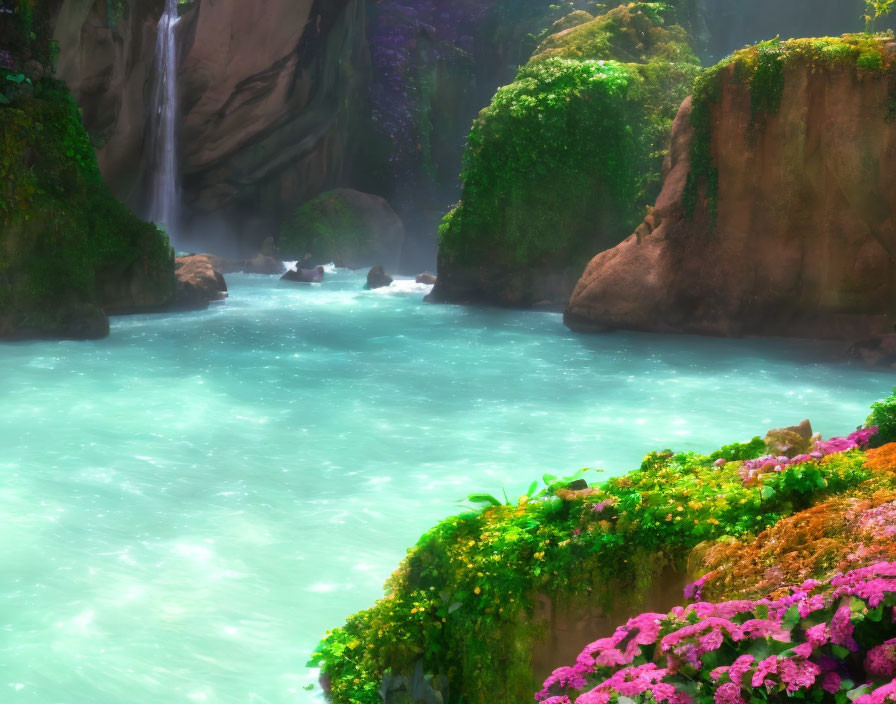 Turquoise River Surrounded by Waterfalls and Lush Flora