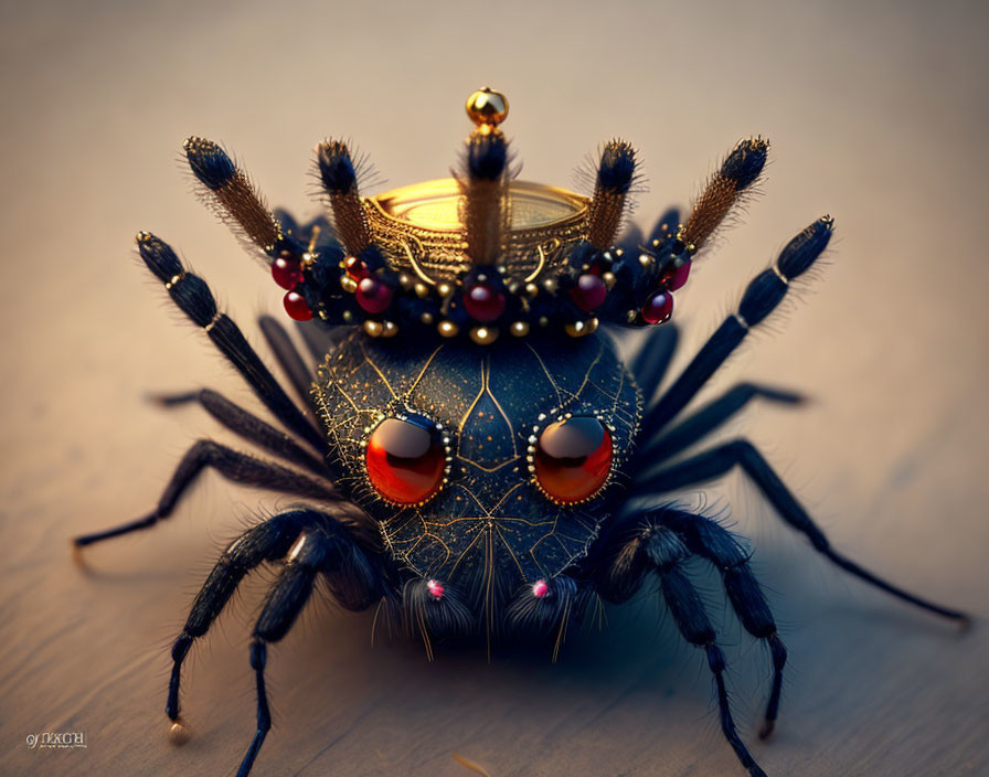 Digital Artwork: Spider with Jewel-Encrusted Crown Body on Wood