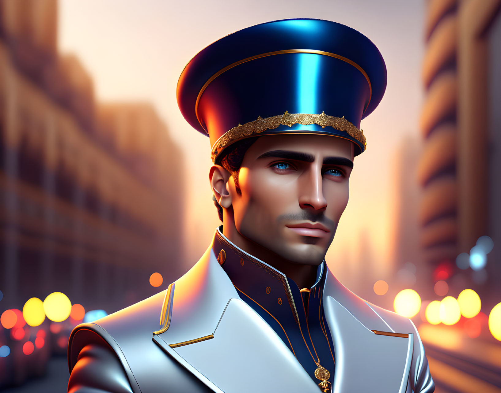 Man in ceremonial uniform against urban sunset backdrop