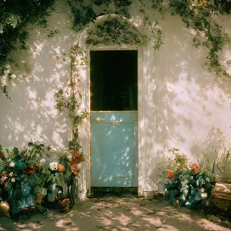 Rustic door framed by vines and flowers in dappled sunlight