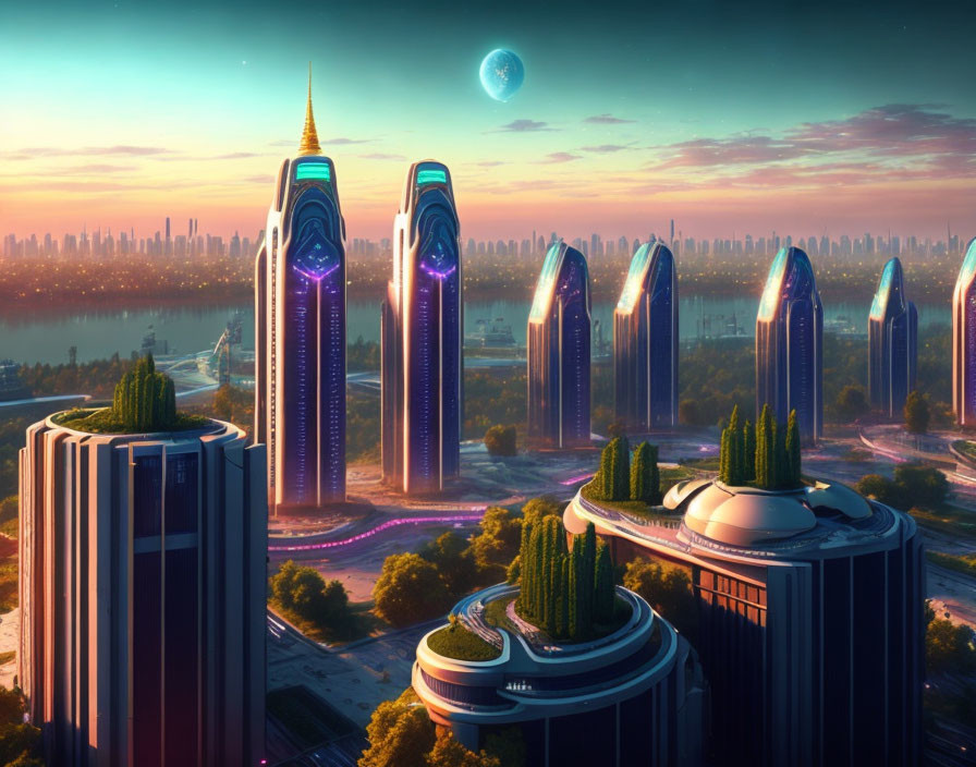 Modern city skyline at sunset with glowing skyscrapers, green rooftops, advanced technology, and a