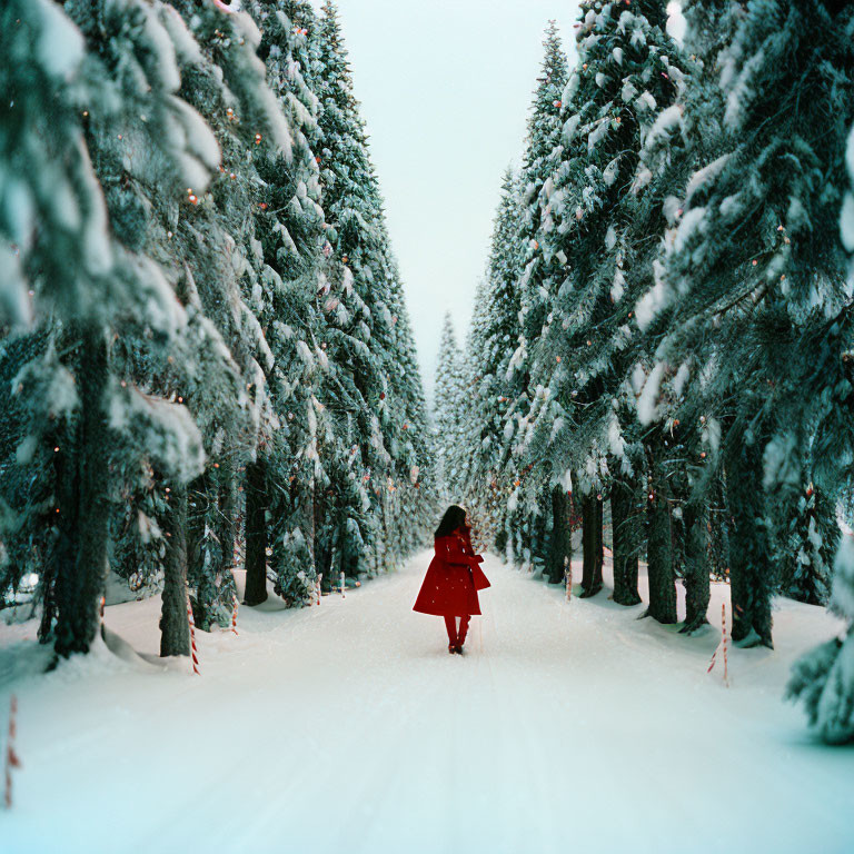 Person in Red Coat Standing on Snowy Path with Pine Trees