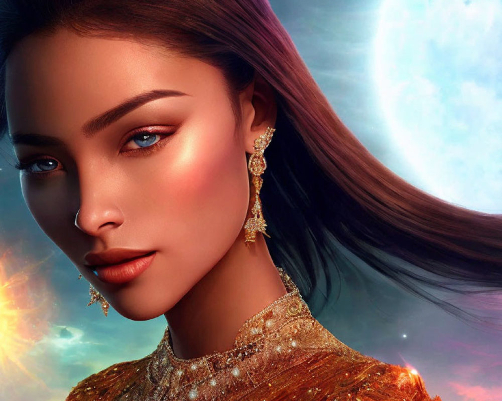 Digital portrait of woman with sleek hair, bold makeup, gold attire, cosmic background