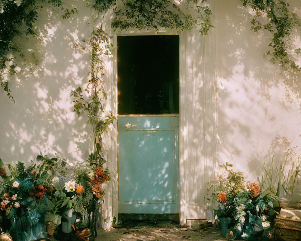 Rustic door framed by vines and flowers in dappled sunlight