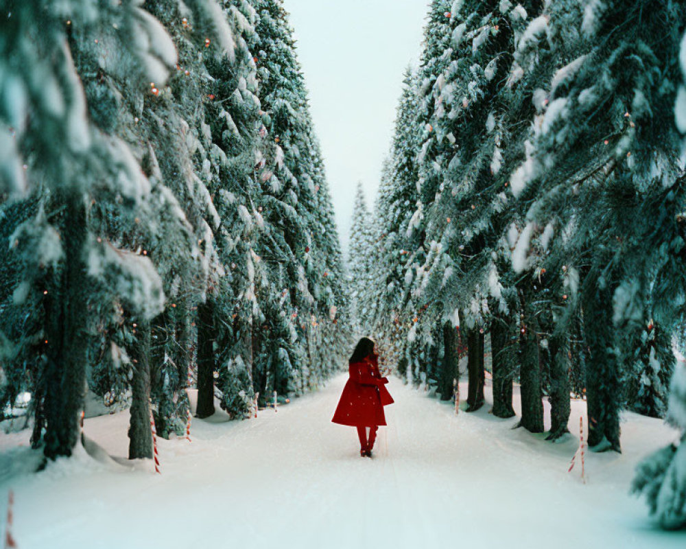 Person in Red Coat Standing on Snowy Path with Pine Trees