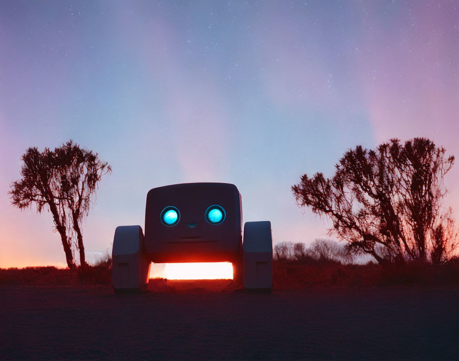 Cartoon-style autonomous robot with glowing blue eyes in desert twilight.