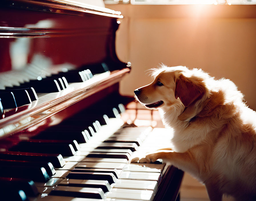 Golden Retriever Dog Playing Grand Piano in Warmly Lit Room