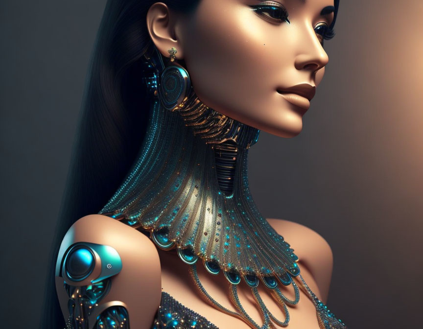 Futuristic digital artwork of serene woman with robotic elements