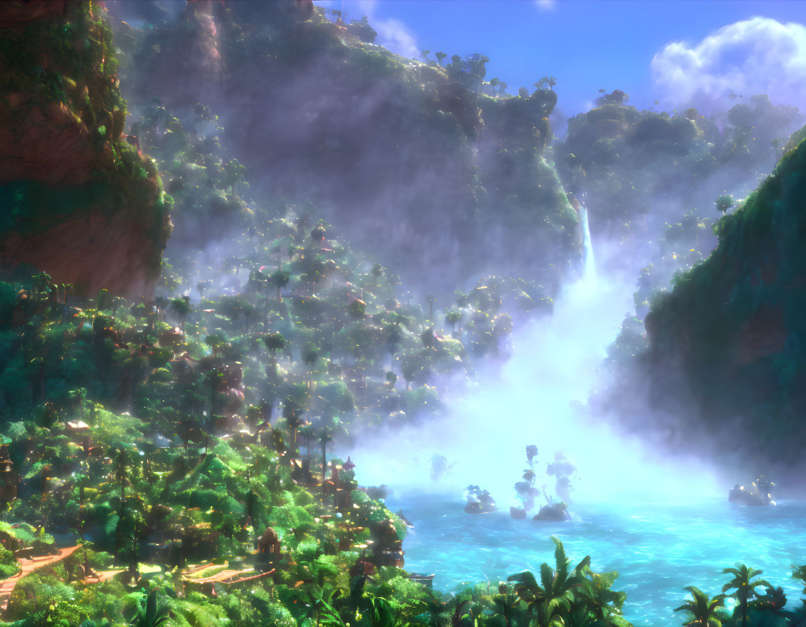 Mystical landscape with lush forests and waterfalls