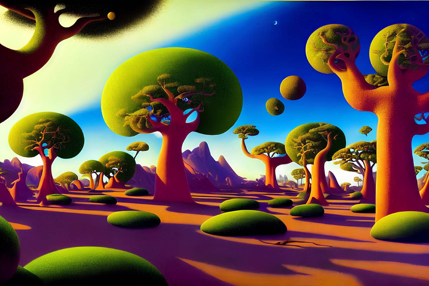 Colorful surreal landscape with oversized trees, floating rocks, and crescent moon