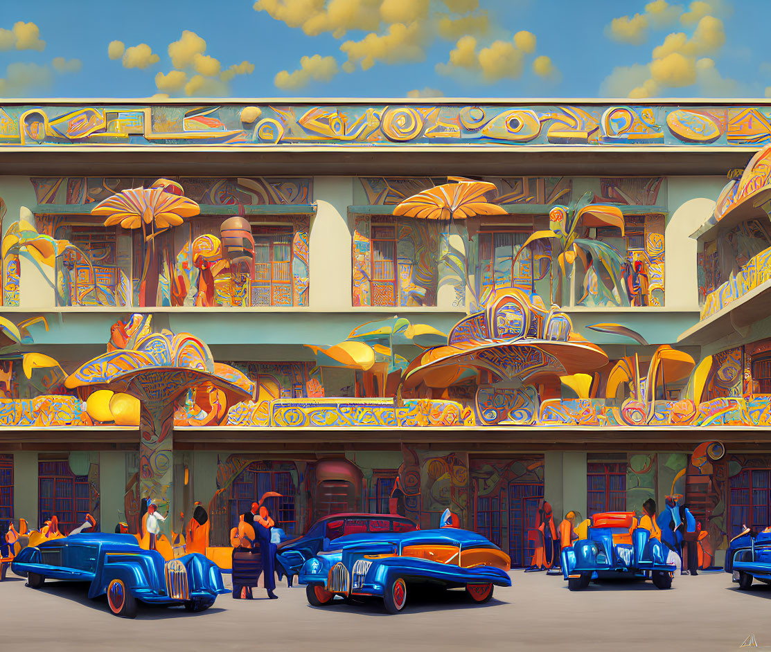 Colorful retro-futuristic scene with stylized figures and classic cars in front of ornate building