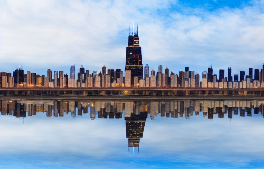 City skyline reflection on calm water at twilight with blue skies