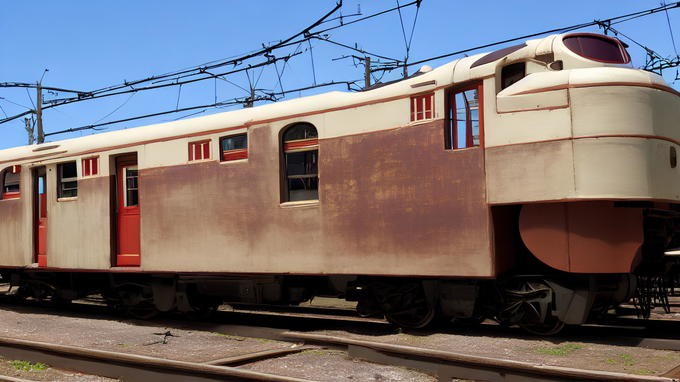 Vintage red and cream electric train car under clear sky with overhead electrical lines