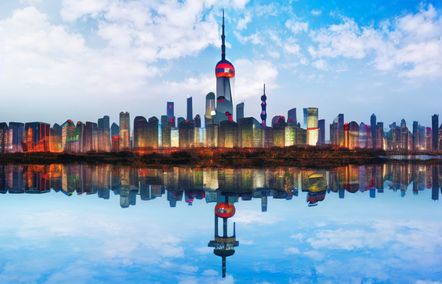 Modern city skyline with skyscrapers reflected on water at dusk.