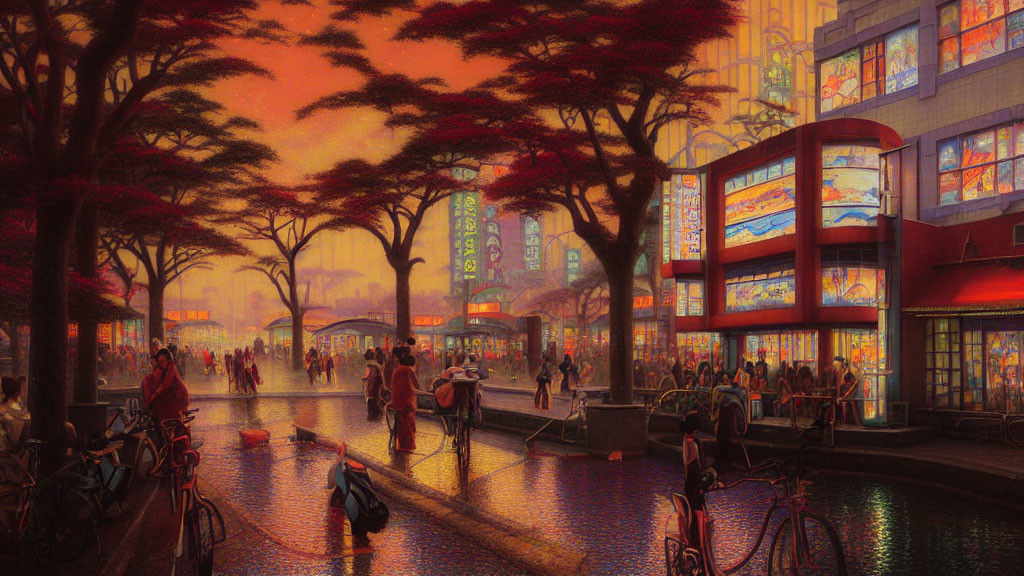 Bustling Dusk Streetscape with Neon Signs and Red-Leafed Trees