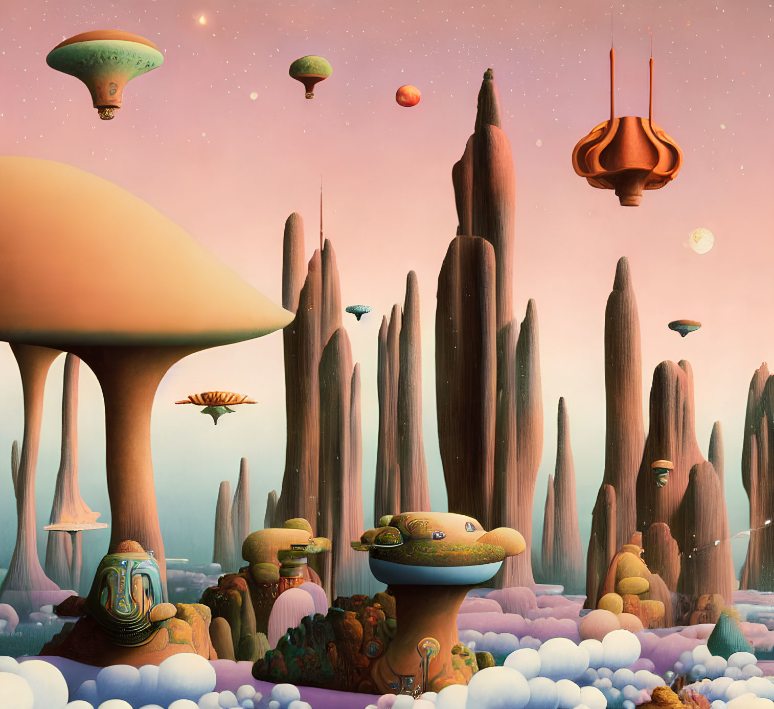 Surreal landscape with towering mushroom-like formations and flying alien vessels