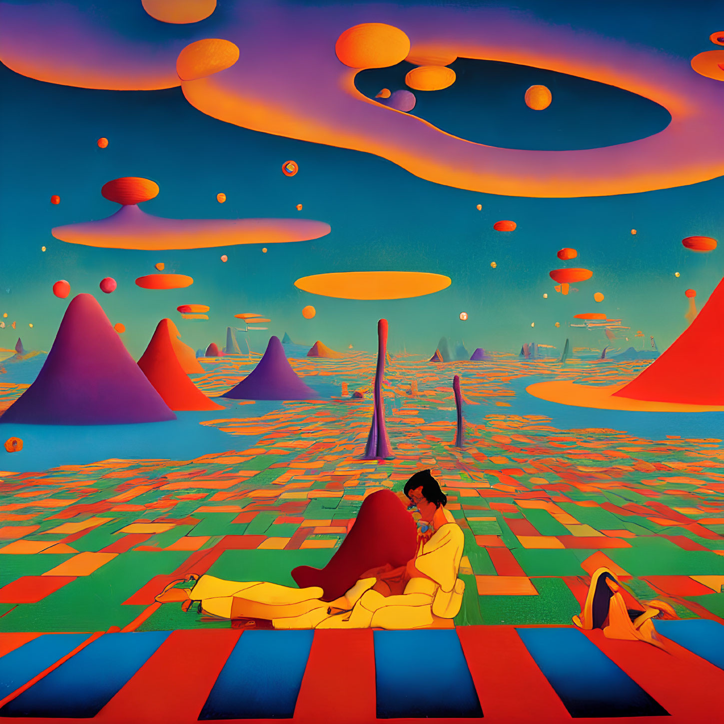 Couple relaxing on colorful checkered ground with surreal orange shapes and mountains in dreamlike landscape under vibrant