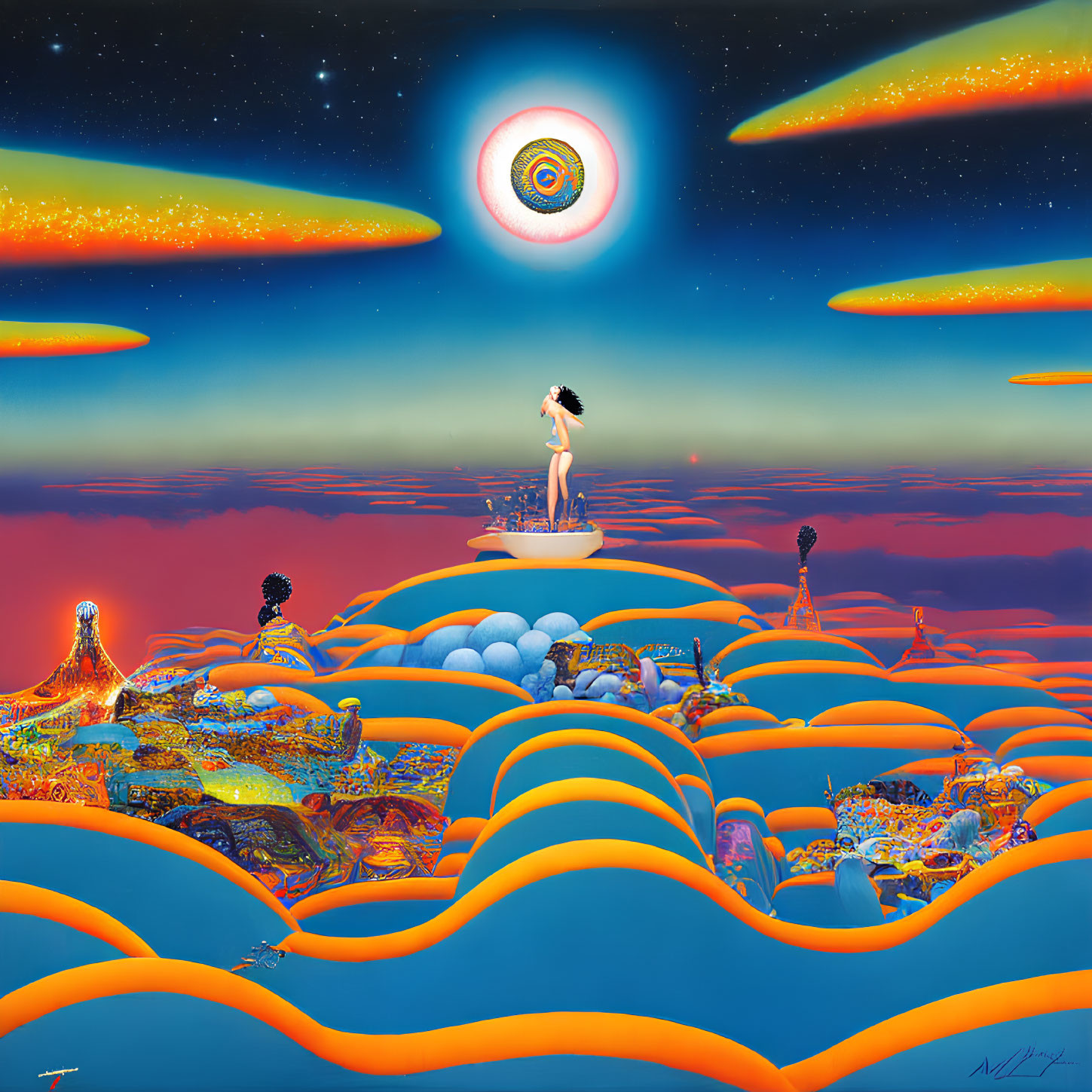 Surrealistic painting: person on floating island with swirling layers and eye-like portal