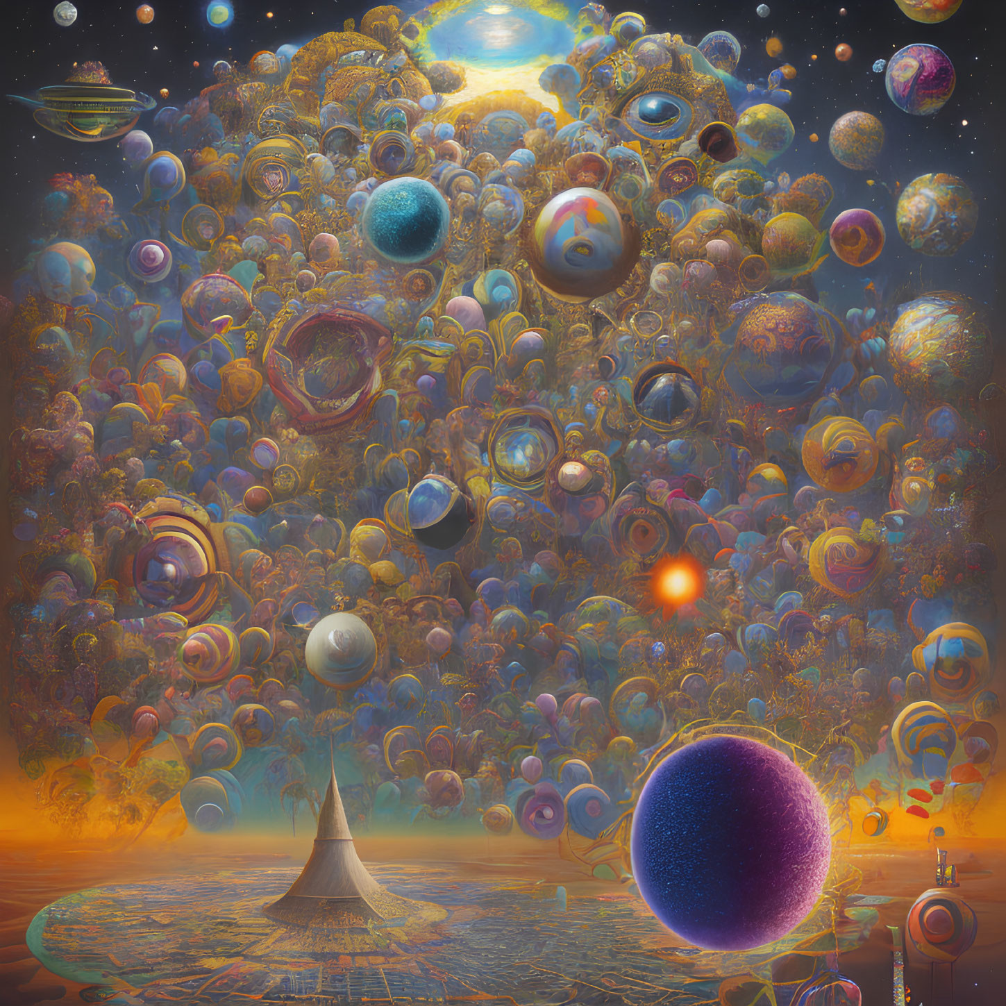 Colorful cosmic scene with planets and celestial bodies above futuristic structure