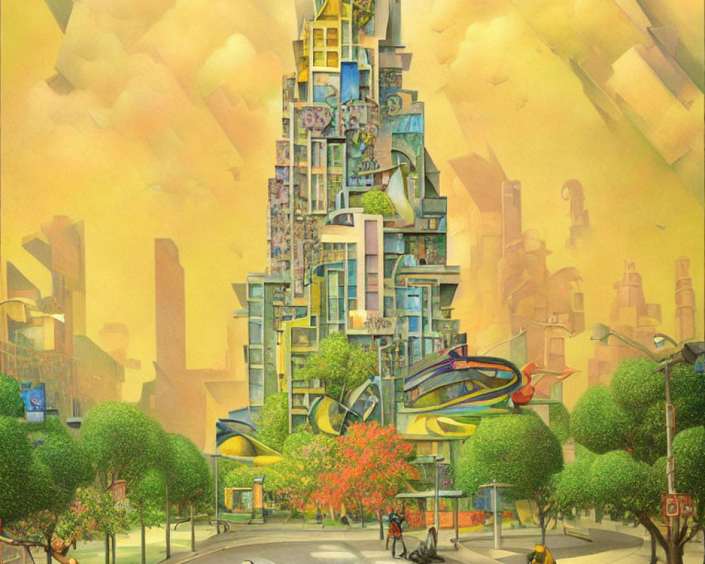 Colorful skyscraper dominates futuristic cityscape with lush greenery and bustling activity.