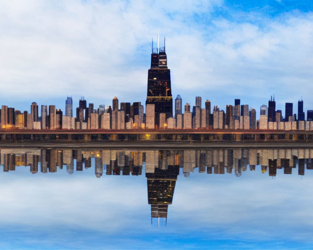 City skyline reflection on calm water at twilight with blue skies