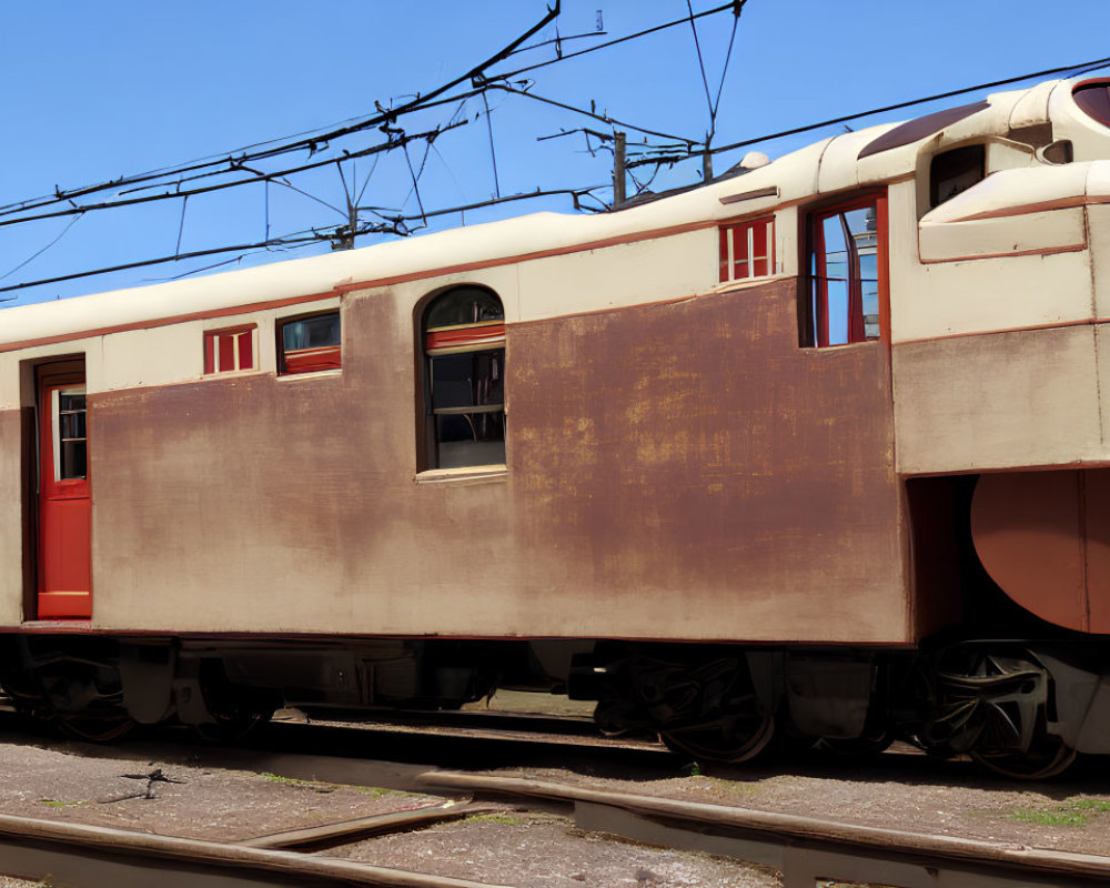 Vintage red and cream electric train car under clear sky with overhead electrical lines