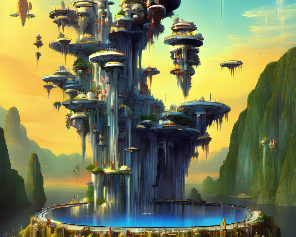 Futuristic cityscape with towering structures and waterfalls by serene lake