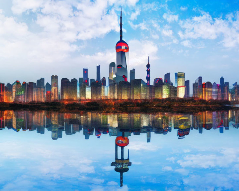 Modern city skyline with skyscrapers reflected on water at dusk.