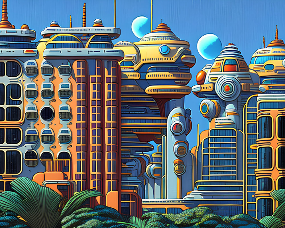 Futuristic cityscape with stylized skyscrapers and domes under blue sky