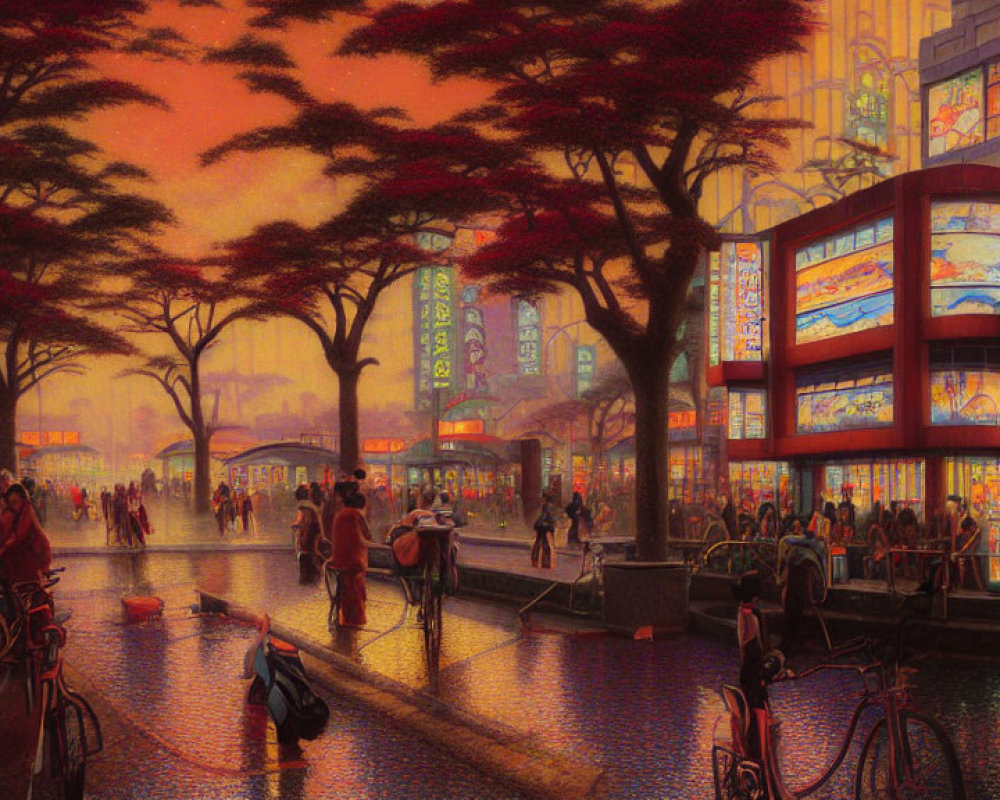 Bustling Dusk Streetscape with Neon Signs and Red-Leafed Trees