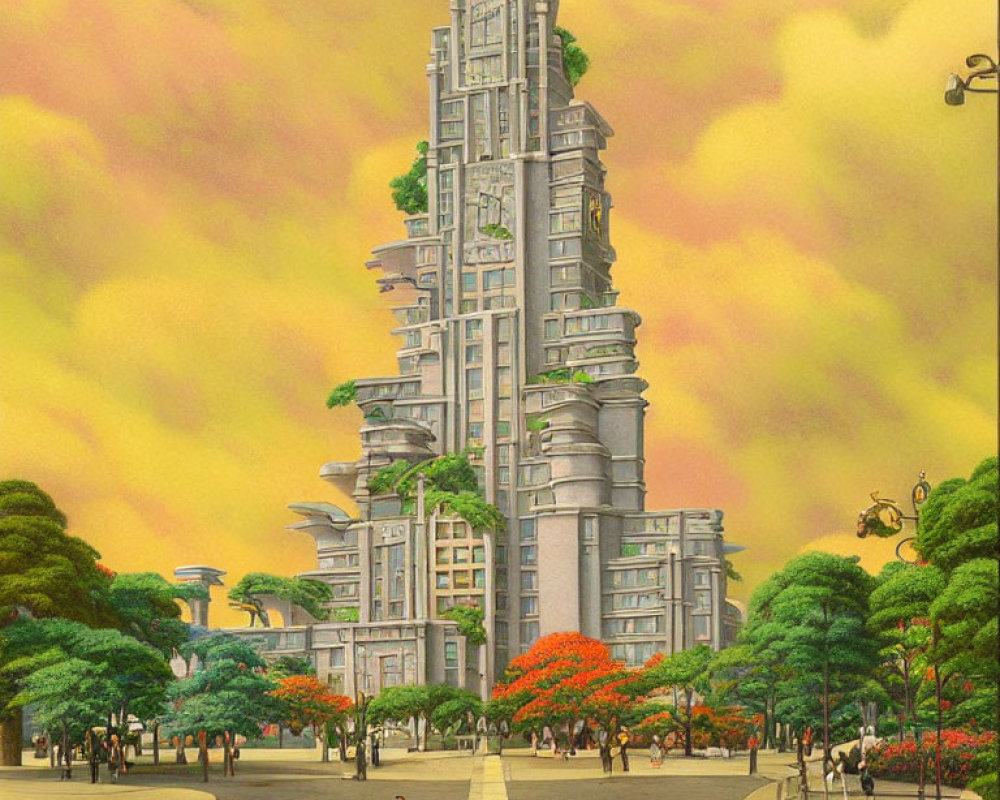 Futuristic cityscape with central skyscraper, greenery, and people under orange sky