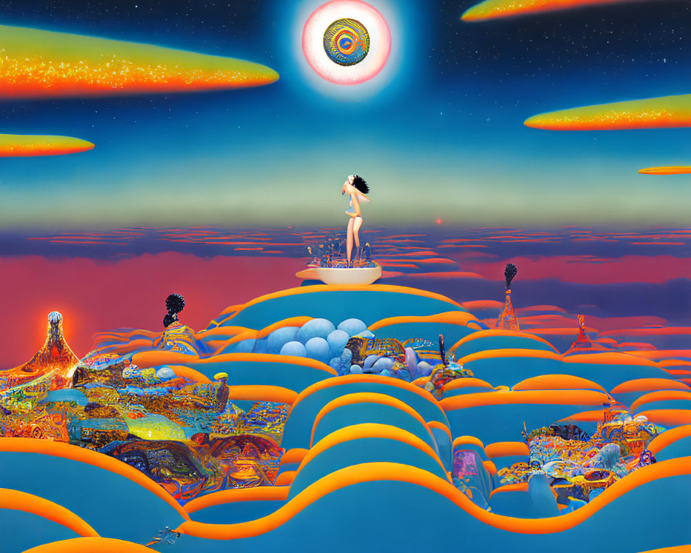 Surrealistic painting: person on floating island with swirling layers and eye-like portal