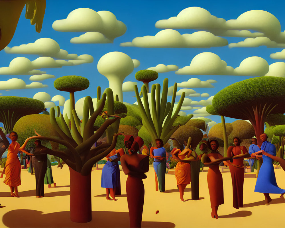 Colorful surreal landscape with stylized trees, clouds, and people in vibrant attire.